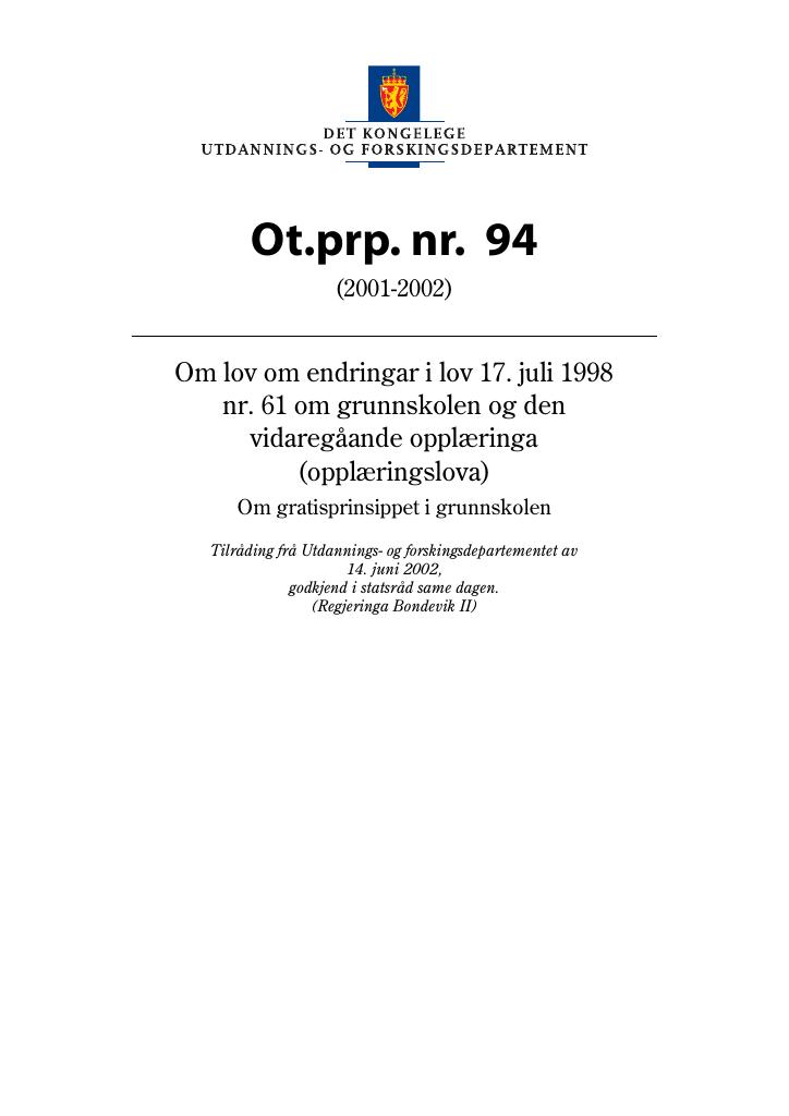 Forsiden av dokumentet Ot.prp. nr. 94 (2001-2002)