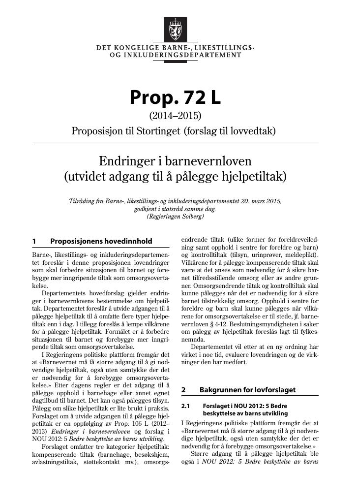 Forsiden av dokumentet Prop. 72 L (2014-2015)