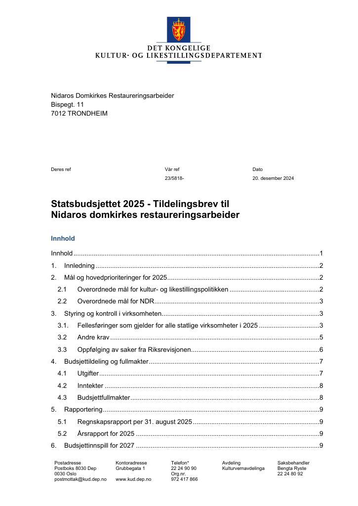 Forsiden av dokumentet Tildelingsbrev Nidaros Domkirkes Restaureringsarbeider 2025