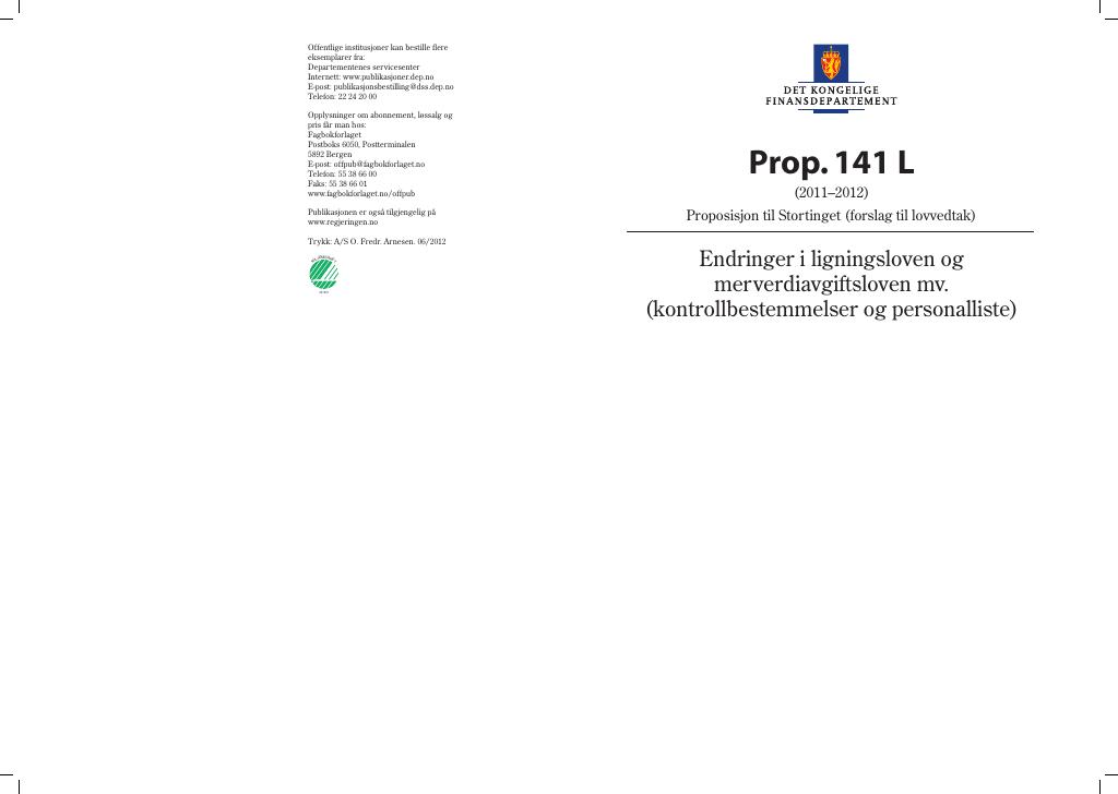 Forsiden av dokumentet Prop. 141 L (2011-2012)