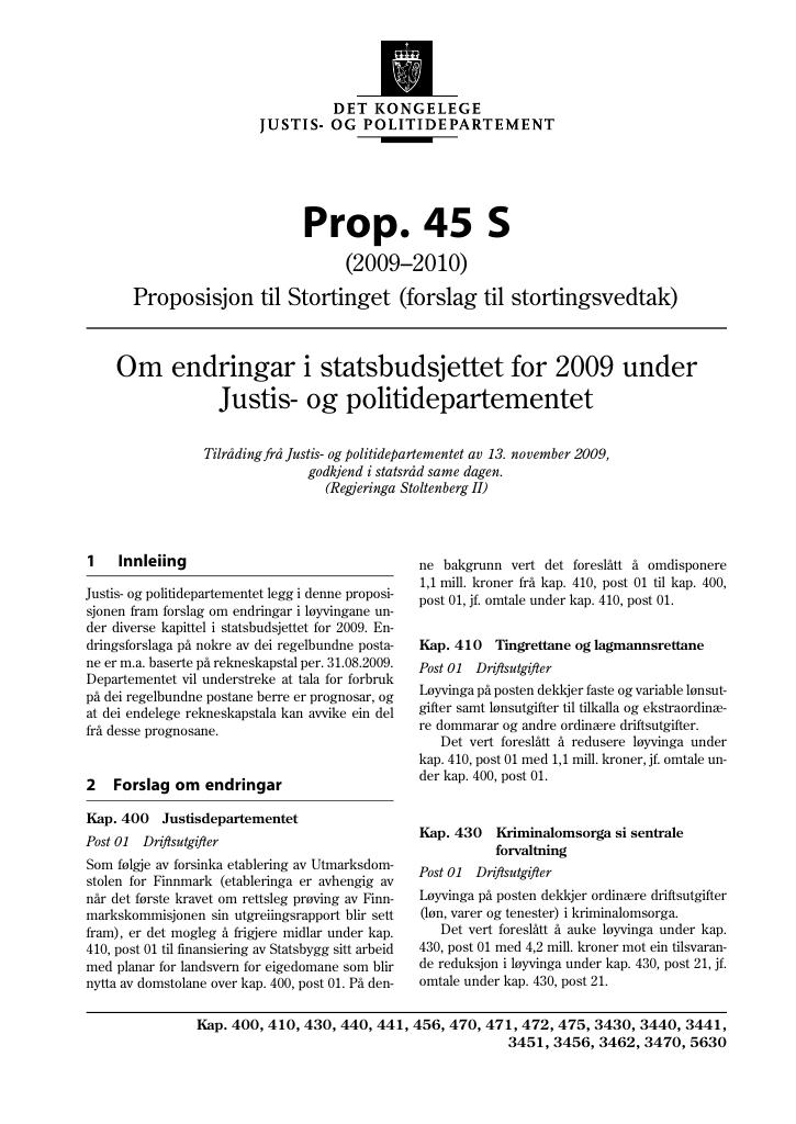 Forsiden av dokumentet Prop. 45 S (2009-2010)