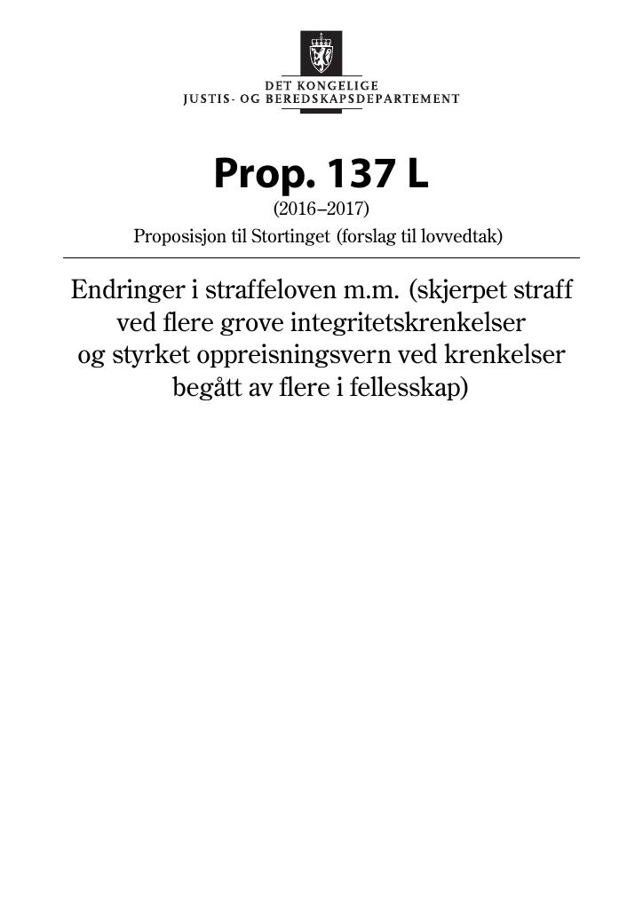 Forsiden av dokumentet Prop. 137 L (2016–2017)