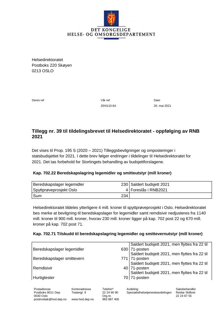 Forsiden av dokumentet Tildelingsbrev Helsedirektoratet 2021 - tillegg nr. 39