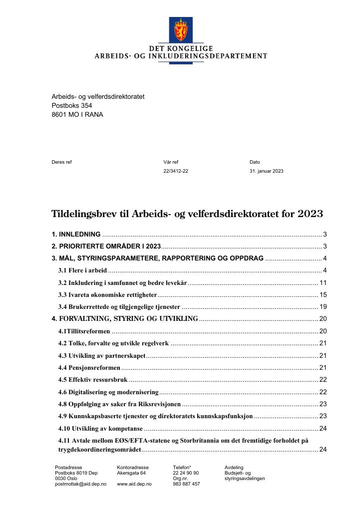 Forsiden av dokumentet Tildelingsbrev Arbeids- og velferdsdirektoratet 2023