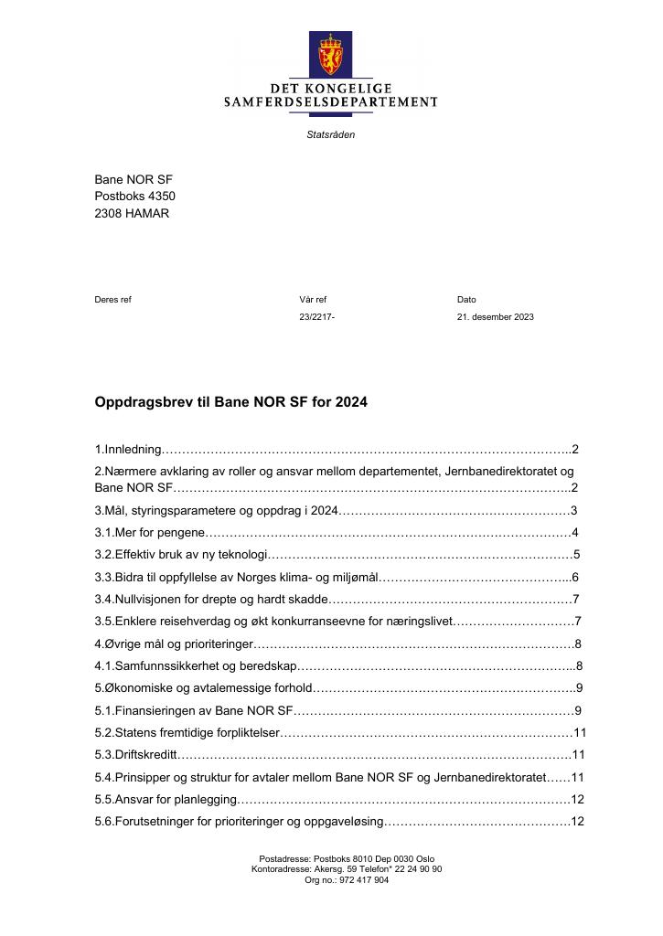 Forsiden av dokumentet Oppdragsbrev til Bane NOR SF for 2024