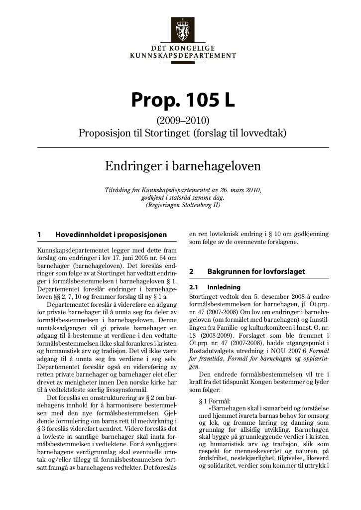 Forsiden av dokumentet Prop. 105 L (2009–2010)