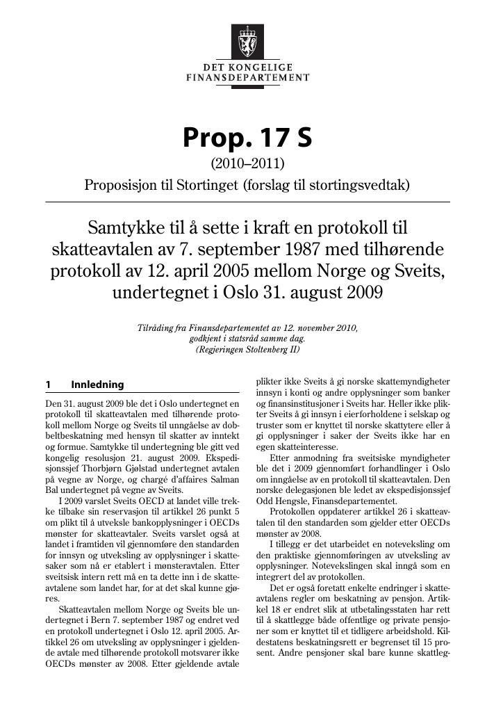 Forsiden av dokumentet Prop. 17 S (2010–2011)