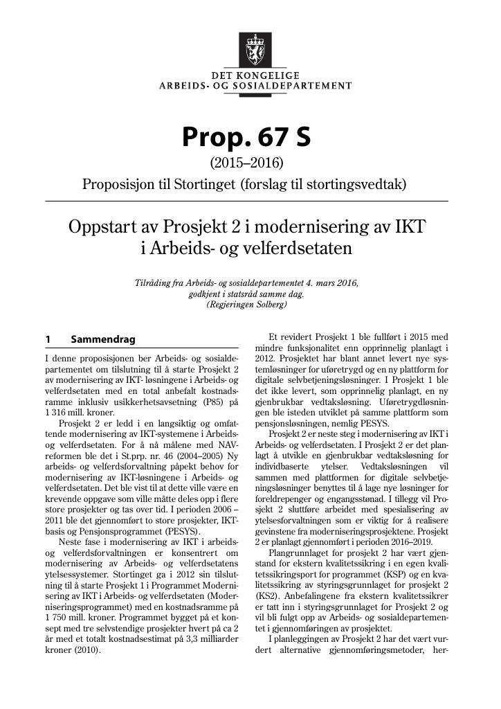 Forsiden av dokumentet Prop. 67 S (2015–2016)