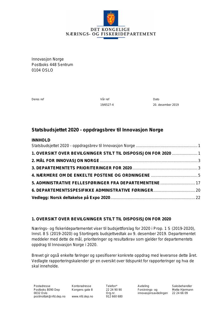 Forsiden av dokumentet Oppdragsbrev Innovasjon Norge 2020