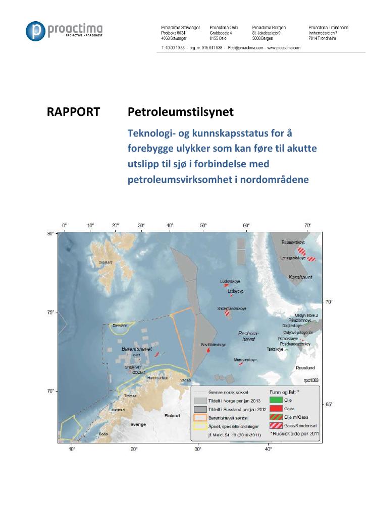 Forsiden av dokumentet Teknologi- og kunnskapsstatus for å forebygge ulykker som kan føre til akutte utslipp til sjø i forbindelse med petroleumsvirksomhet i nordområdene