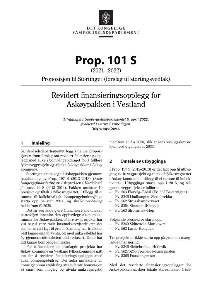 Forsiden av dokumentet Prop. 101 S (2021–2022)