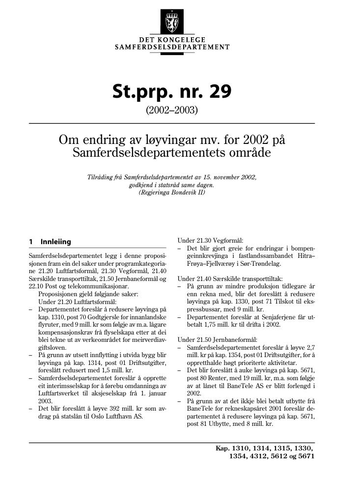 Forsiden av dokumentet St.prp. nr. 29 (2002-2003)