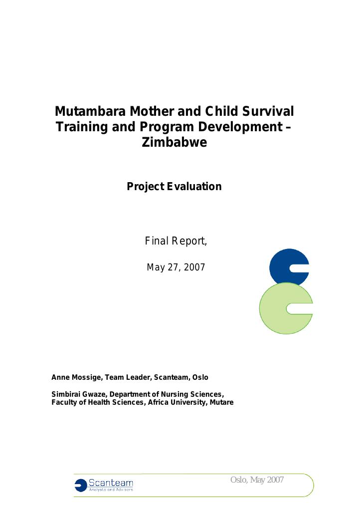 Forsiden av dokumentet Mutambara Mother and Child Survival Training and Program Development –Zimbabwe Project Evaluation