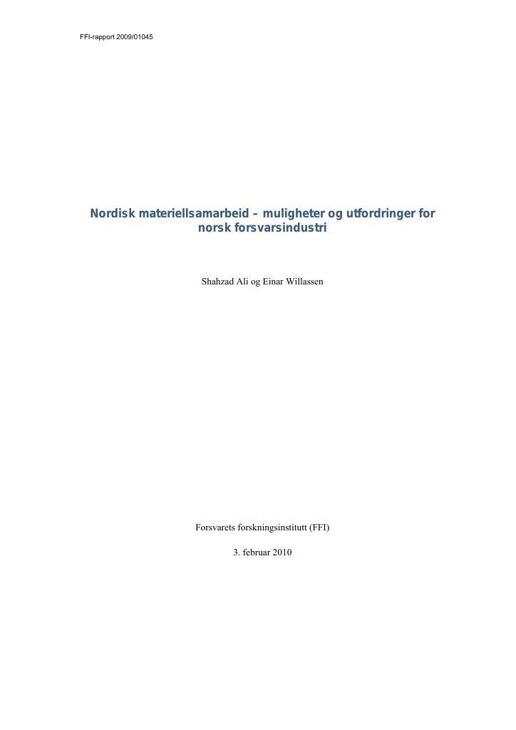 Forsiden av dokumentet Nordisk materiellsamarbeid : muligheter og utfordringer for norsk forsvarsindustri