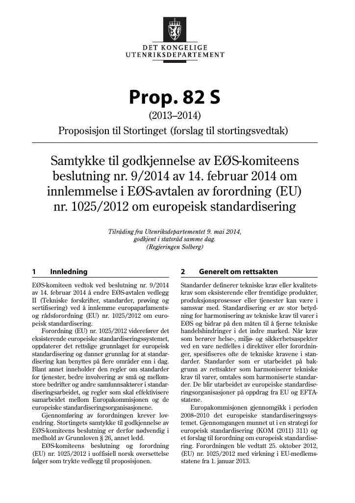 Forsiden av dokumentet Prop. 82 S (2013–2014)