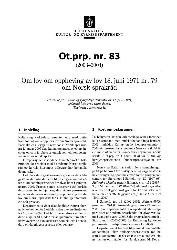 Forsiden av dokumentet Ot.prp. nr. 83 (2003-2004)