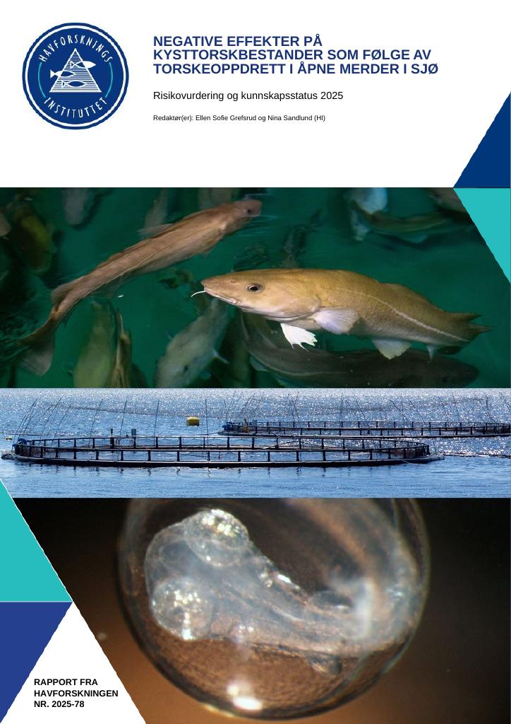 Forsiden av dokumentet Negative effekter på kysttorskbestander som følge av torskeoppdrett i åpne merder i sjø