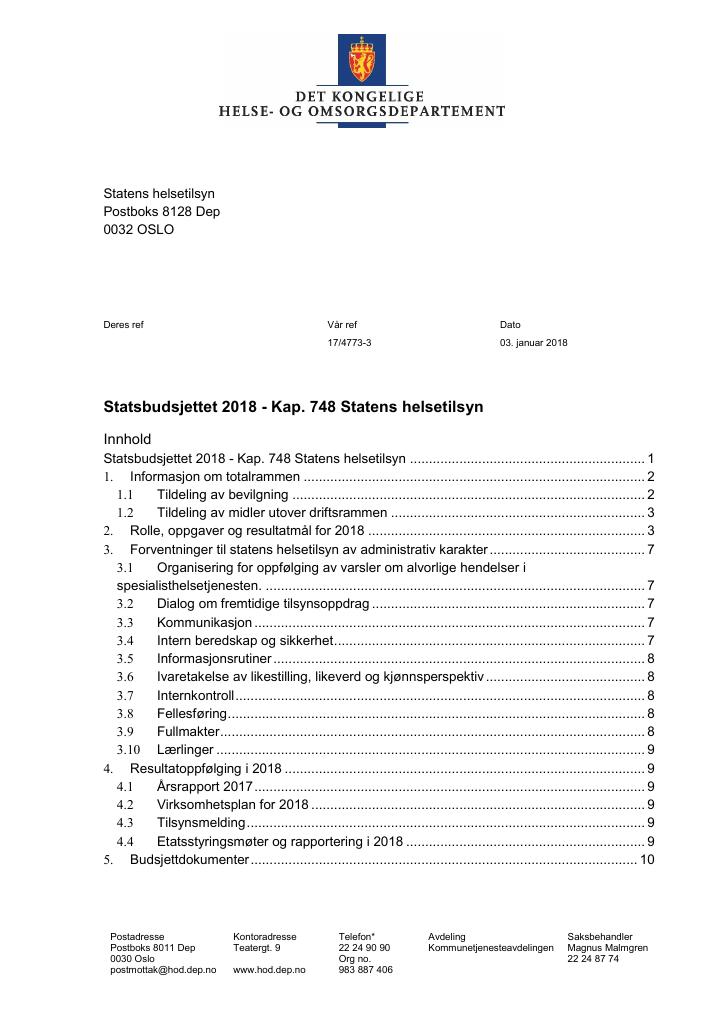 Forsiden av dokumentet Tildelingsbrev (pdf)