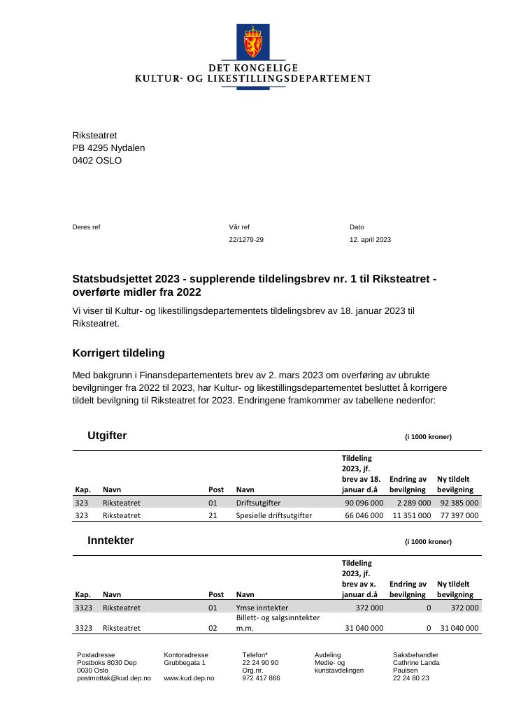 Forsiden av dokumentet Tildelingsbrev Riksteatret 2023 - tillegg nr. 1