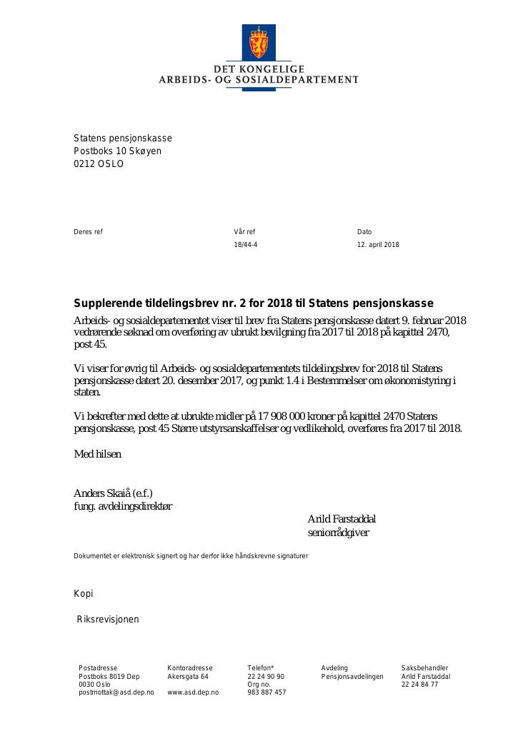 Forsiden av dokumentet Supplerende tildelingsbrev nr. 2 Statens pensjonskasse 2018