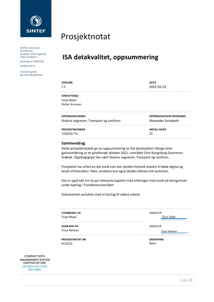 Forsiden av dokumentet ISA datakvalitet, oppsummering