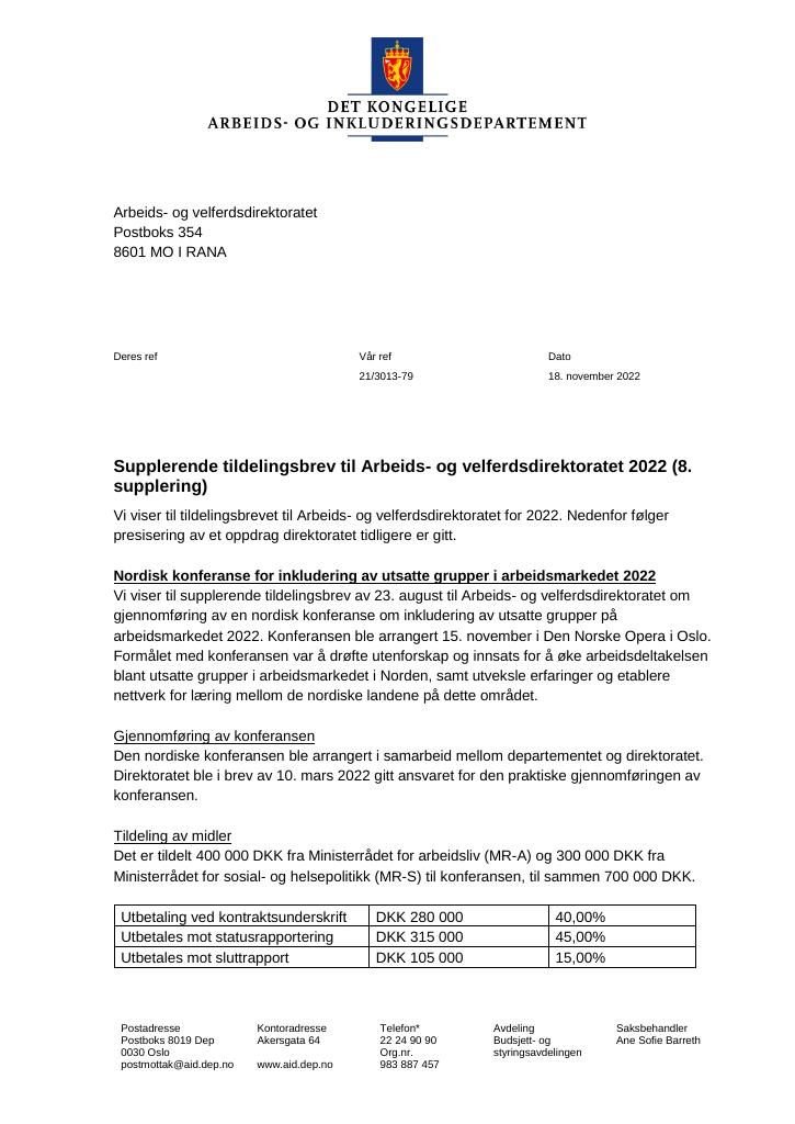 Forsiden av dokumentet Tildelingsbrev Arbeids- og velferdsdirektoratet 2022 - tillegg nr. 8