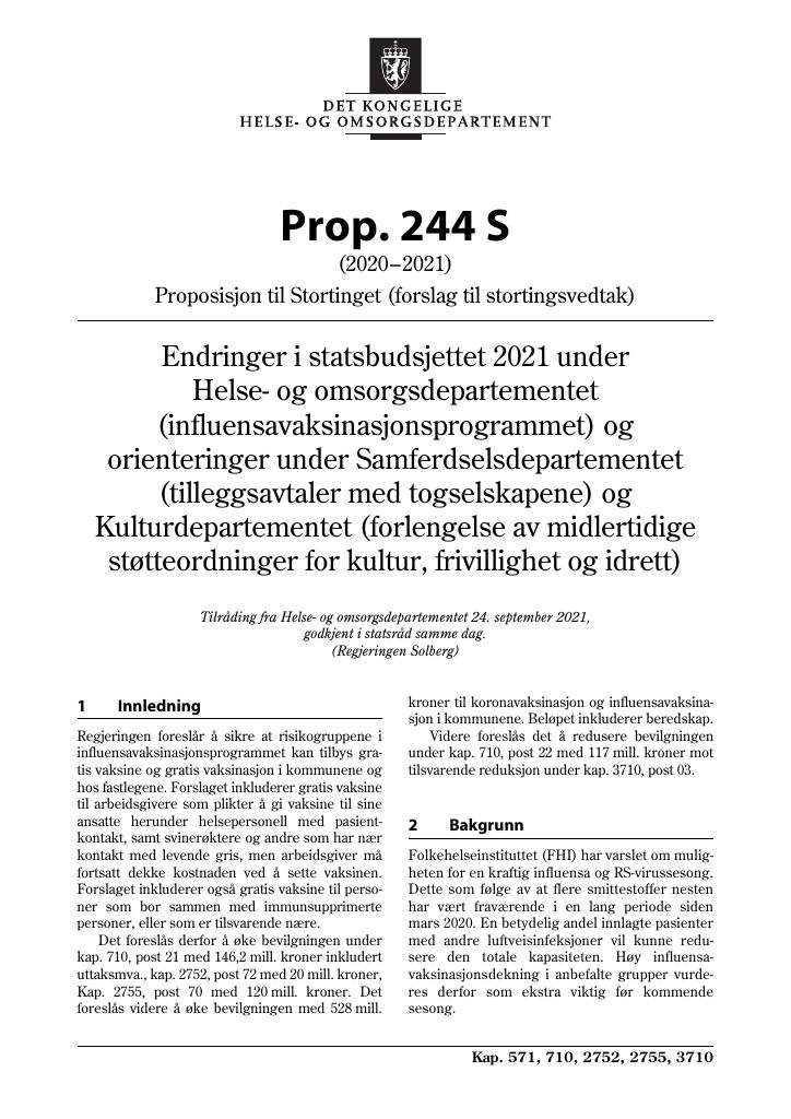 Forsiden av dokumentet Prop. 244 S (2020–2021)