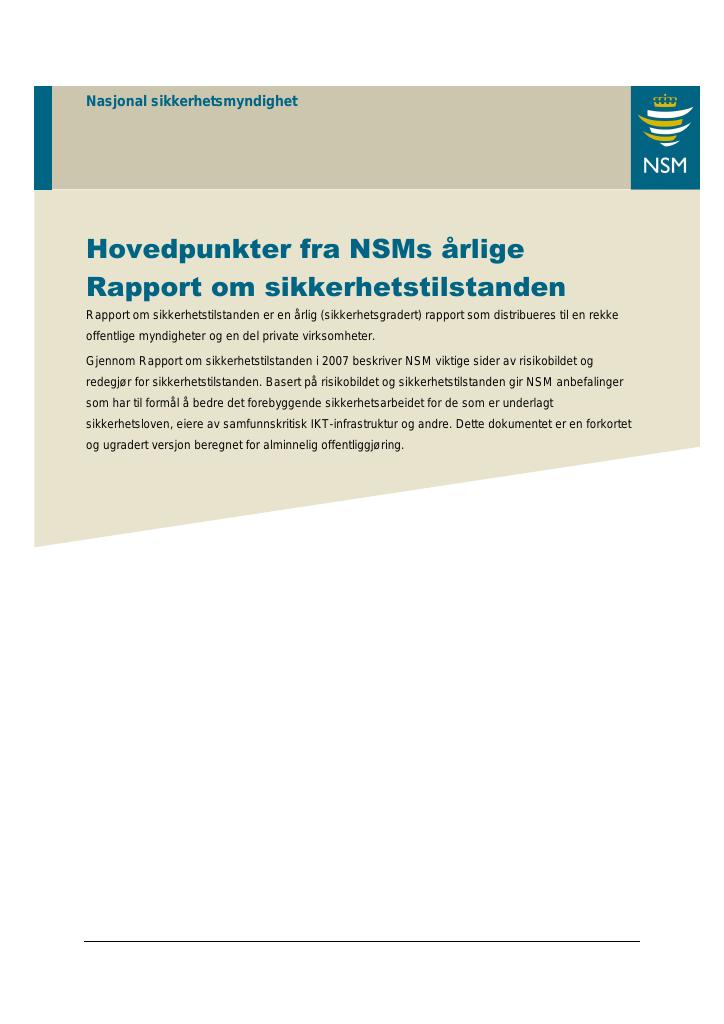 Forsiden av dokumentet Hovedpunkter fra NSMs årlige rapport om sikkerhetstilstanden