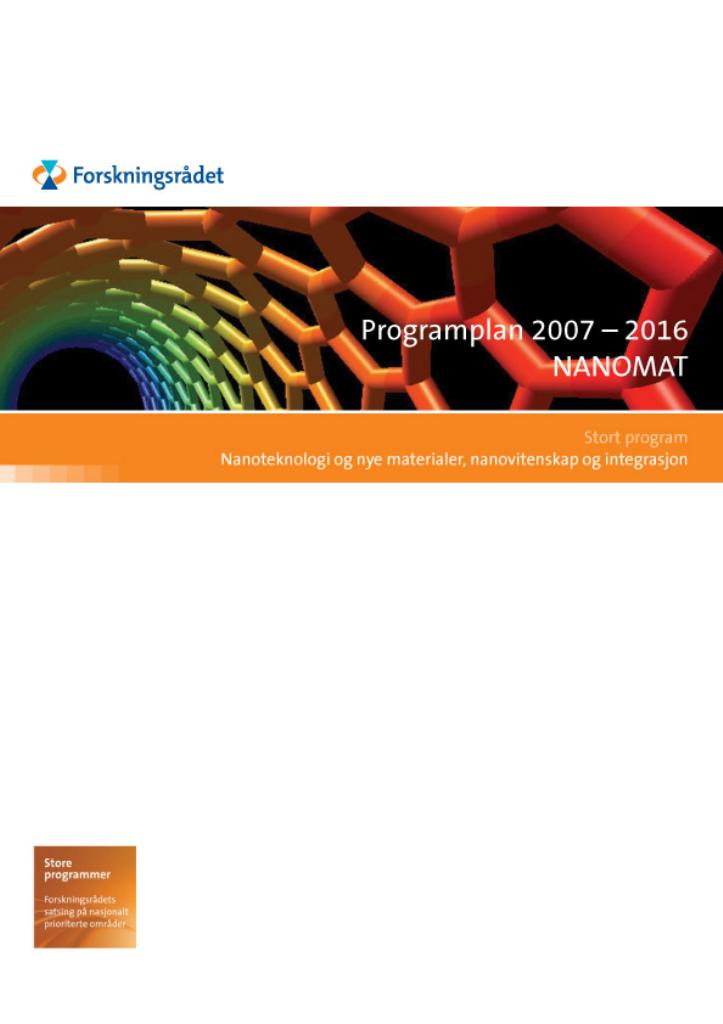 Forsiden av dokumentet Programplan - NANOMAT 2007-2016