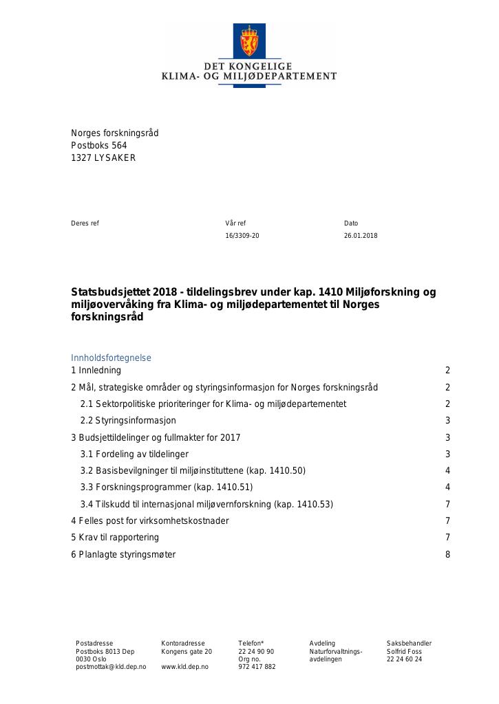 Forsiden av dokumentet Tildelingsbrev Forskningsrådet 2018