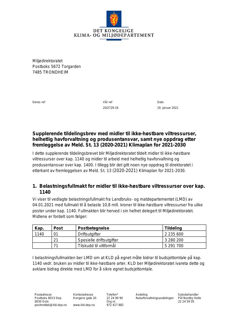 Forsiden av dokumentet Tildelingsbrev Miljødirektoratet 2021 - tillegg