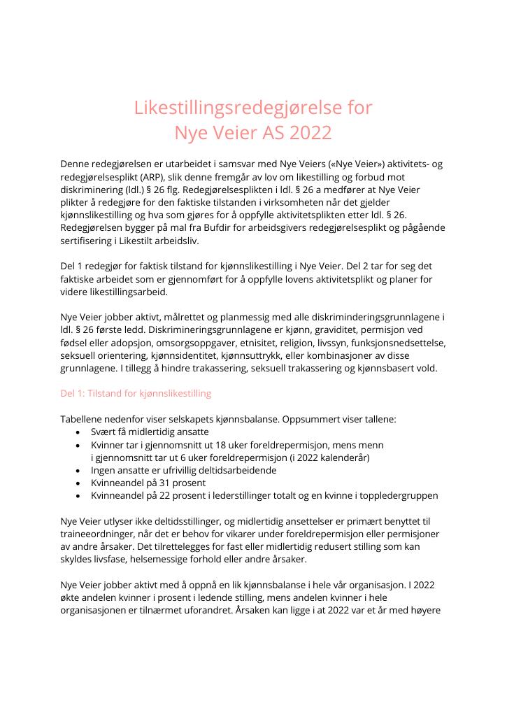 Forsiden av dokumentet Likestillingsredegjørelse for Nye Veier AS 2022