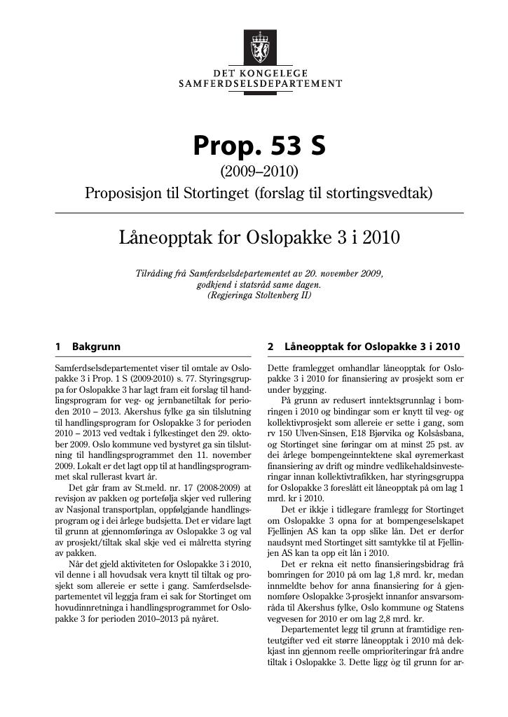 Forsiden av dokumentet Prop. 53 S (2009-2010)