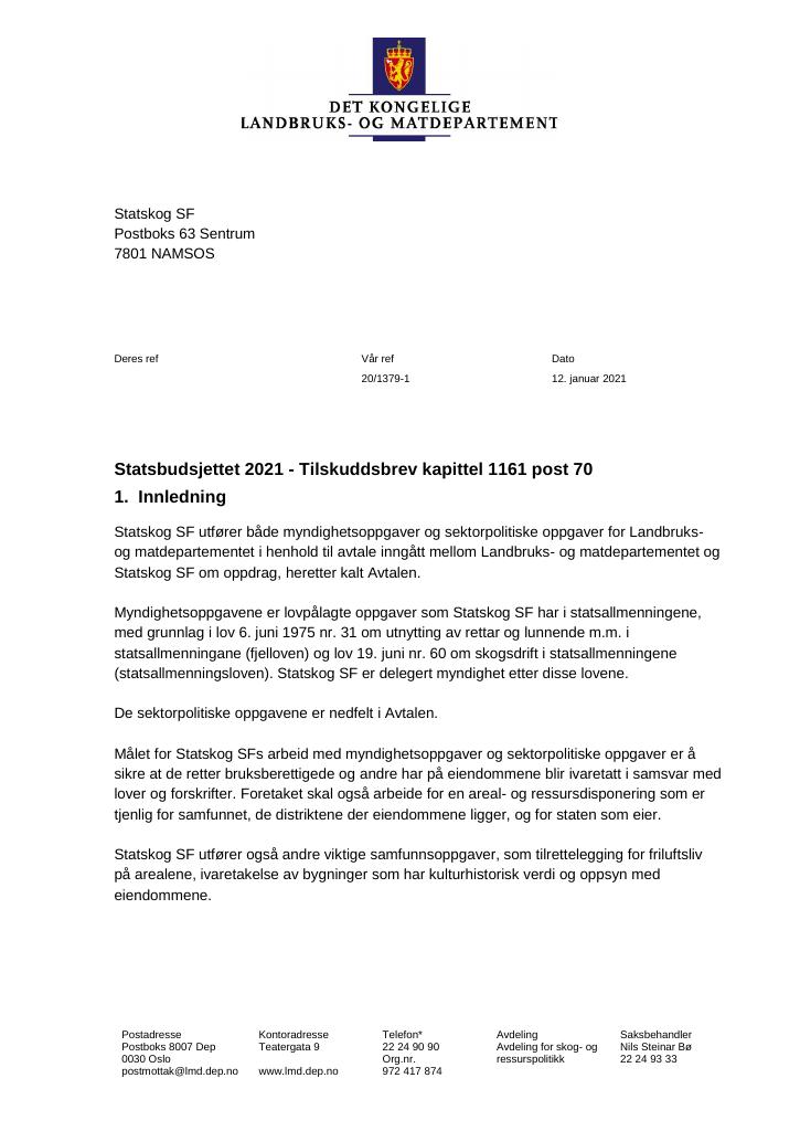 Forsiden av dokumentet Tilskuddsbrev 2021 kap. 1161 post 70