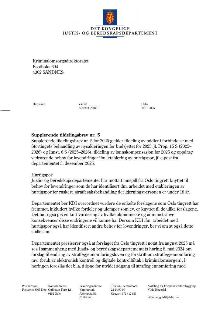 Forsiden av dokumentet Tildelingsbrev Kriminalomsorgen 2025 - tillegg nr. 5
