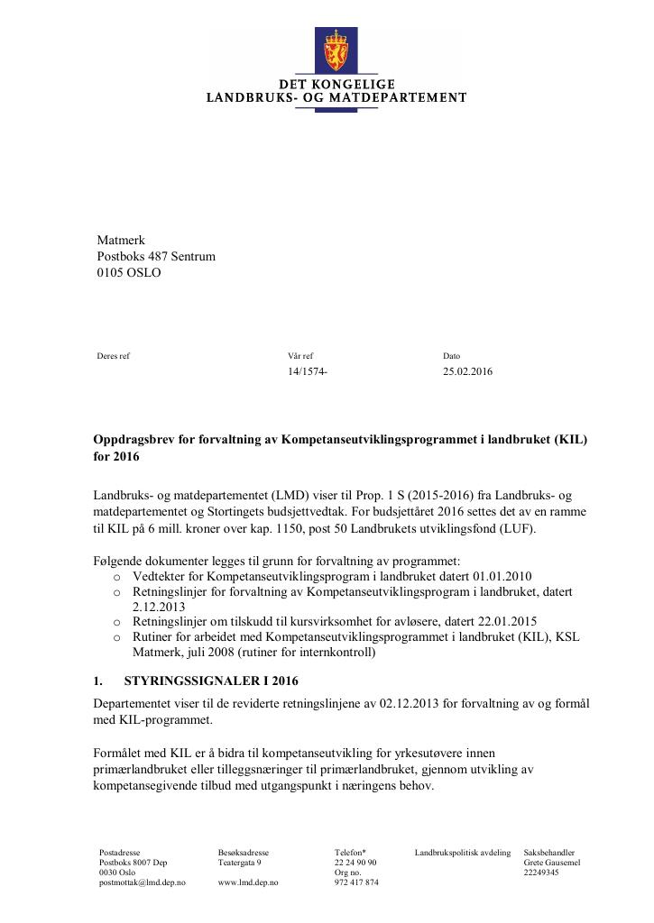 Forsiden av dokumentet Oppdragsbrev for forvaltning av Kompetanseutviklingsprogrammet i lanbruket (KIL) for 2016 (PDF)