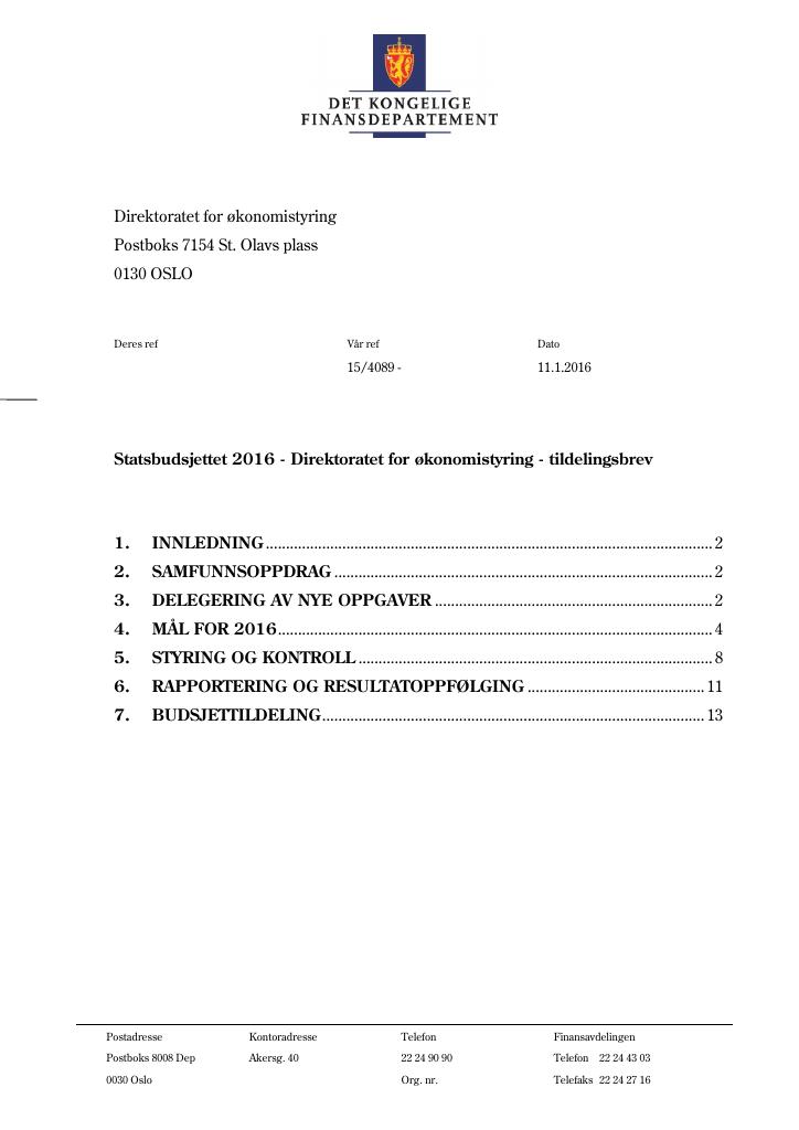 Forsiden av dokumentet Tildelingsbrev DFØ 2016