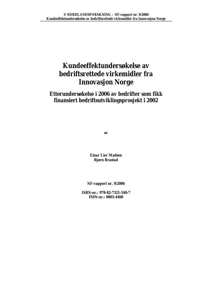 Forsiden av dokumentet Kundeeffektundersøkelse av bedriftsrettede virkemidler fra Innovasjon Norge