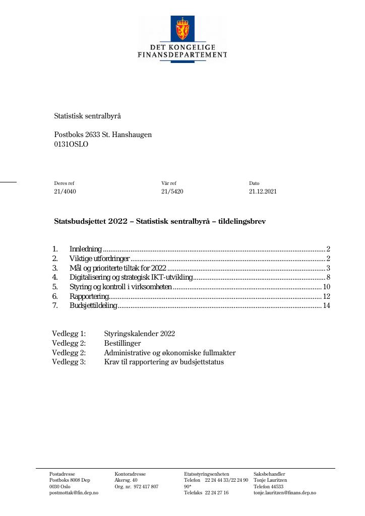 Forsiden av dokumentet Tildelingsbrev Statistisk sentralbyrå 2022