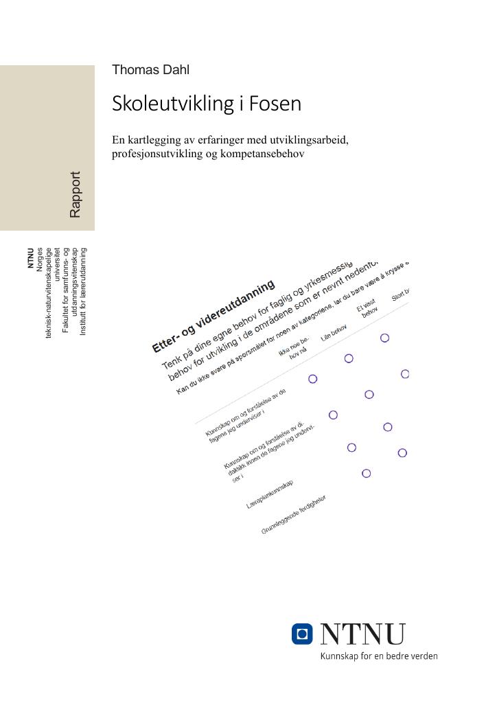 Forsiden av dokumentet Skoleutvikling i Fosen : en kartlegging av erfaringer med utviklingsarbeid, profesjonsutvikling og kompetansebehov