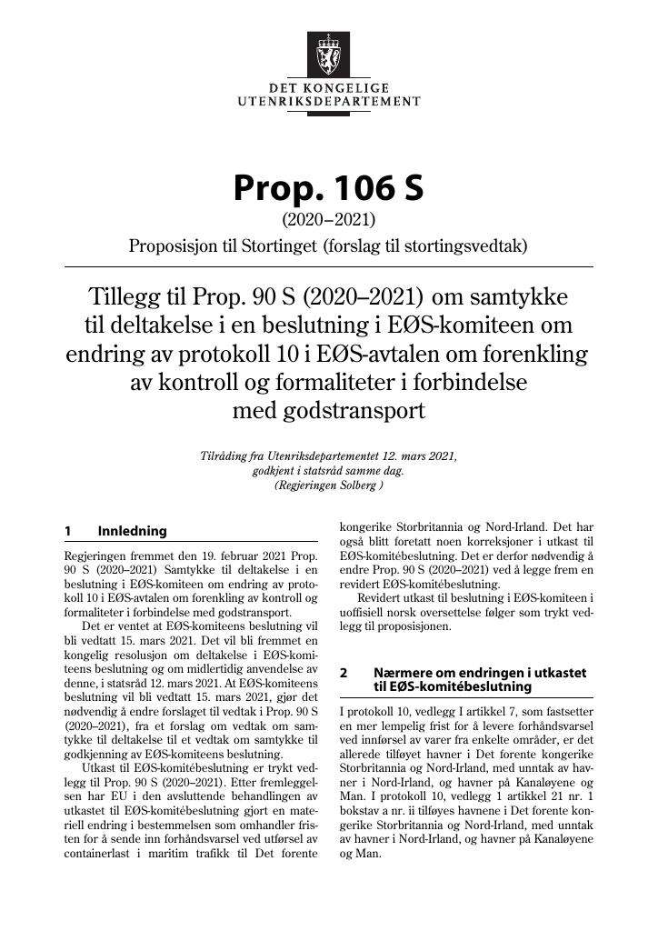 Forsiden av dokumentet Prop. 106 S (2020–2021)
