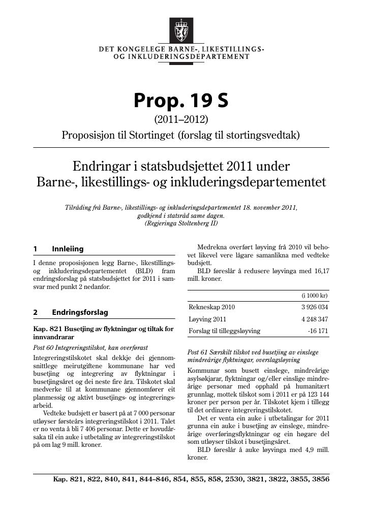 Forsiden av dokumentet Prop. 19 S (2011–2012)