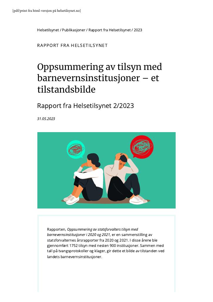 Forsiden av dokumentet Oppsummering av tilsyn med barnevernsinstitusjoner – et tilstandsbilde