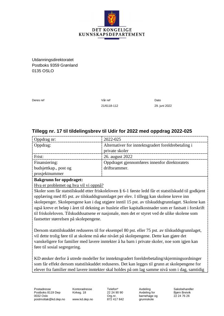 Tildelingsbrev Utdanningsdirektoratet 2022 - Tillegg Nr. 17 - Kudos