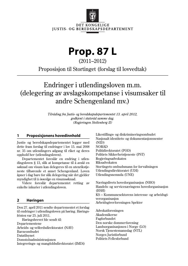 Forsiden av dokumentet Prop. 87 L (2011–2012)