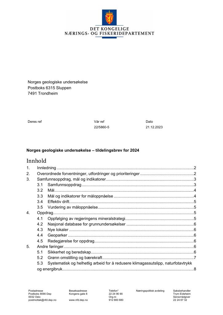 Forsiden av dokumentet Tildelingsbrev Norges geologiske undersøkelse (NGU) 2024