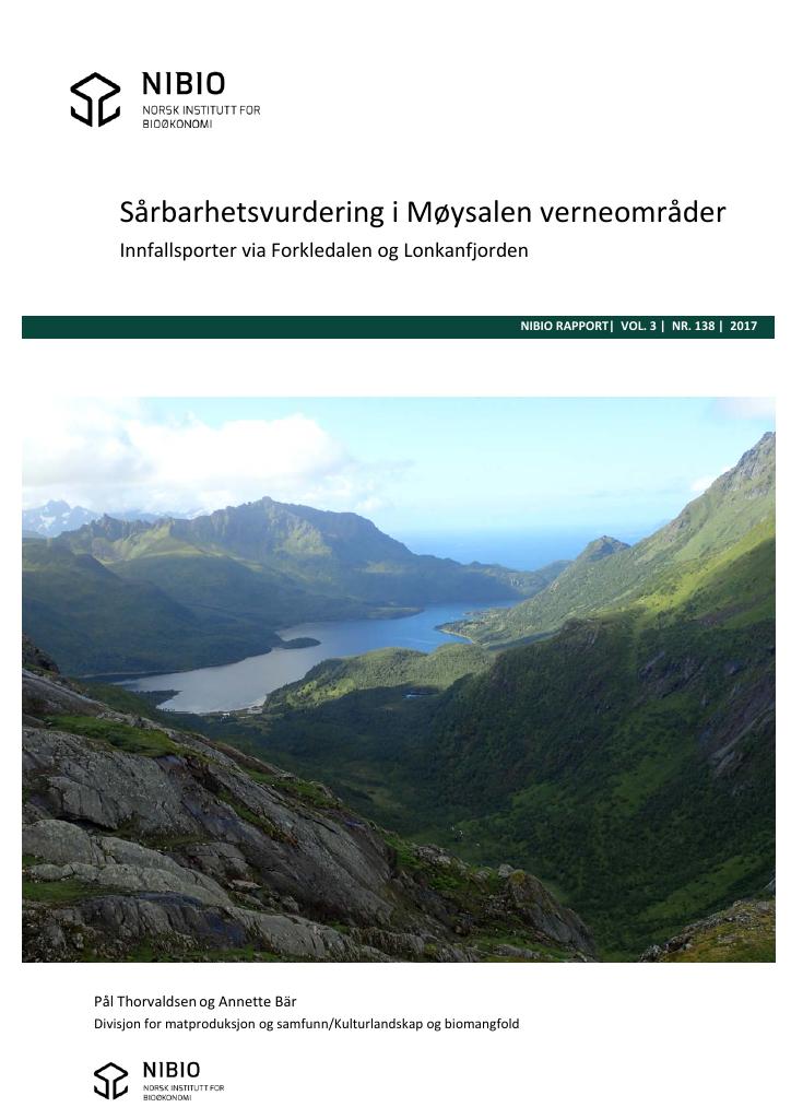 Forsiden av dokumentet Sårbarhetsvurdering i Møysalen verneområder. Innfallsporter via Forkledalen og Lonkanfjorden