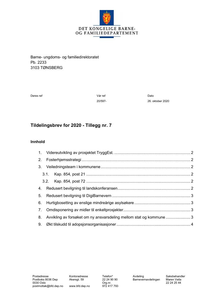 Forsiden av dokumentet Tildelingsbrev Bufdir 2020 - tillegg nr. 7