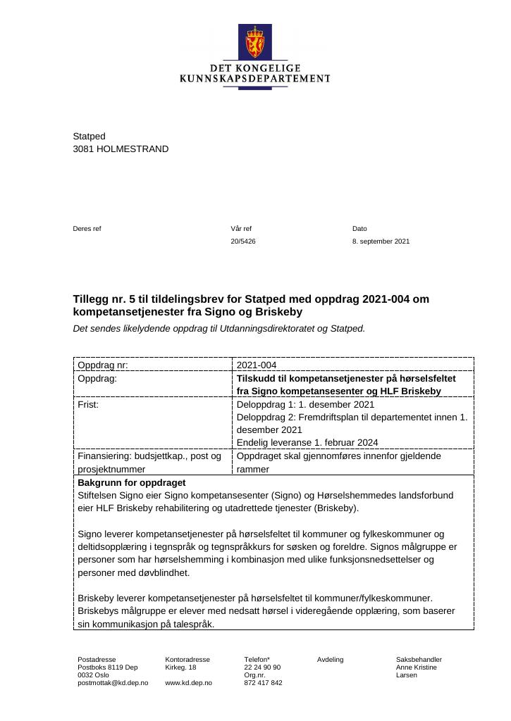 Forsiden av dokumentet Tildelingsbrev Statped 2021 - tillegg nr. 5