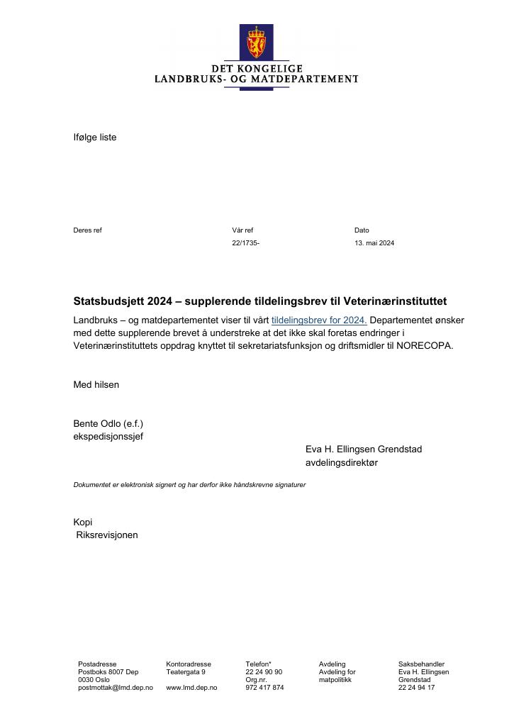 Forsiden av dokumentet Tildelingsbrev Veterinærinstituttet - VI 2024 - tillegg